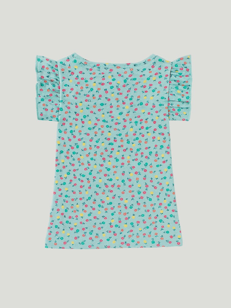 Kidbea Girls Floral Print Clothing Set | Ruffle Sleeve Top and Matching Shorts | Teal