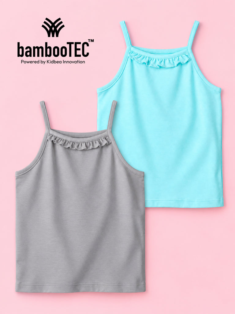 BambooTEC™ Girls Camisole Pack of 2 – Grey & Aqua Blue Ruffle Strap Tops