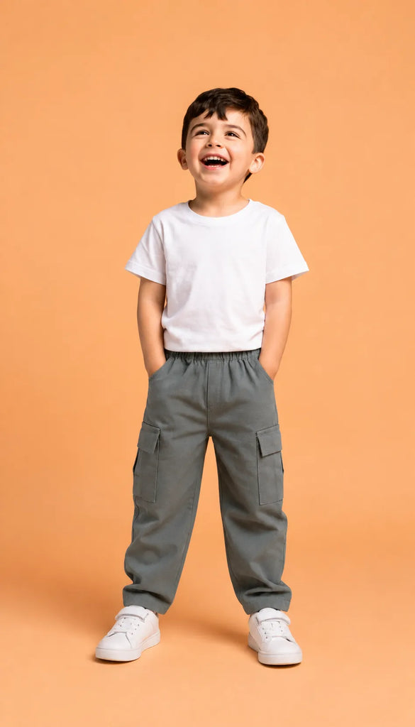 Unisex Grey Cotton Kids Cargo Pants – Comfortable Everyday Bottomwear