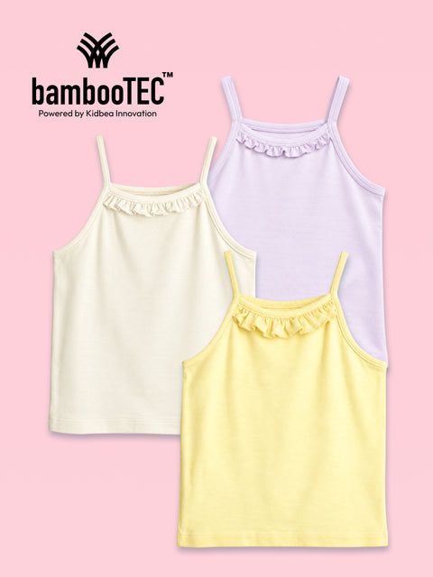 BambooTEC™ Girls Camisole Pack of 3 – Cream, Lavender & Yellow Ruffle Strap Tops