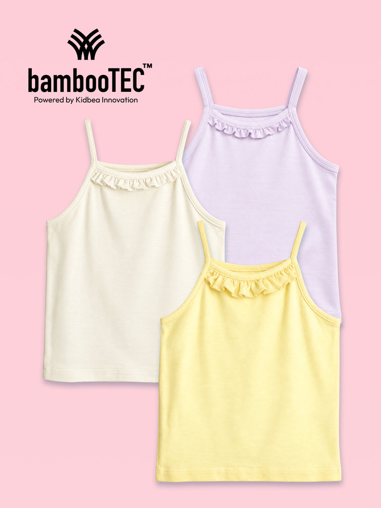 BambooTEC™ Girls Camisole Pack of 3 – Cream, Lavender & Yellow Ruffle Strap Tops