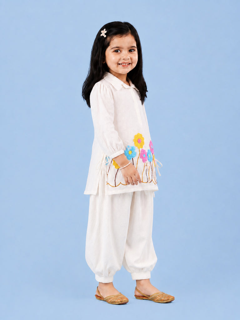 Girls White Embroidered Kurta & Dhoti Set – Colorful Floral Festive Wear
