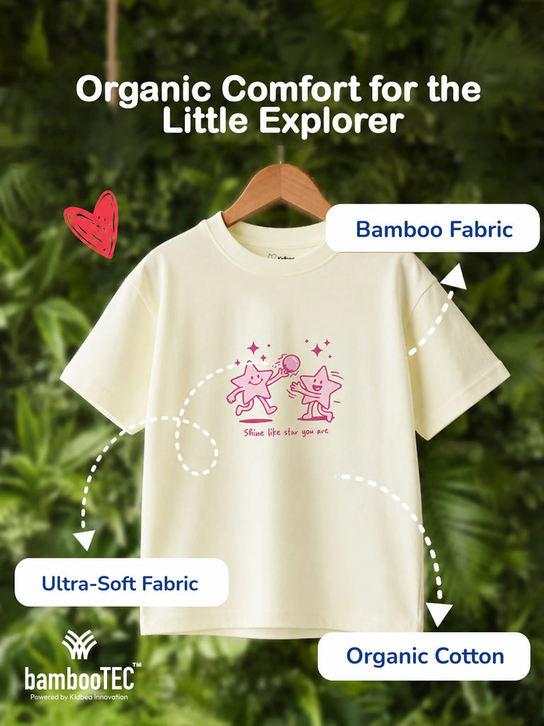 Unisex Bamboo Fabric Cream Shine Like Star Print Oversized T-Shirt