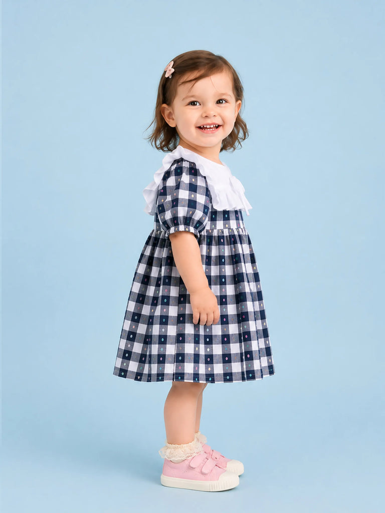 Light Organic Cotton White & Black Checkered Frill Collar Frock Dress