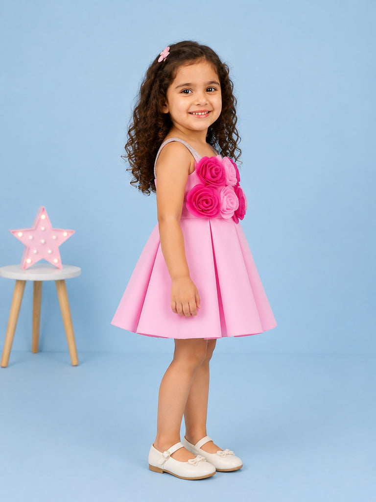 Girls Pink Partywear Frock – 3D Rose Flower Flared Dress