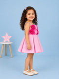 Girls Pink Partywear Frock – 3D Rose Flower Flared Dress