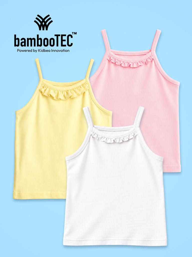 BambooTEC™ Girls Camisole Pack of 3 – Yellow, Pink & White Ruffle Strap Tops