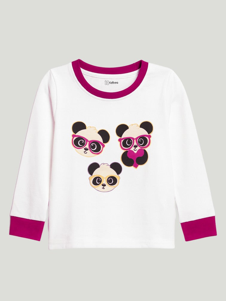 Kidbea Unisex Cotton Night Suit Set | Cute Panda Print | Full Sleeves Pyjama Set | White