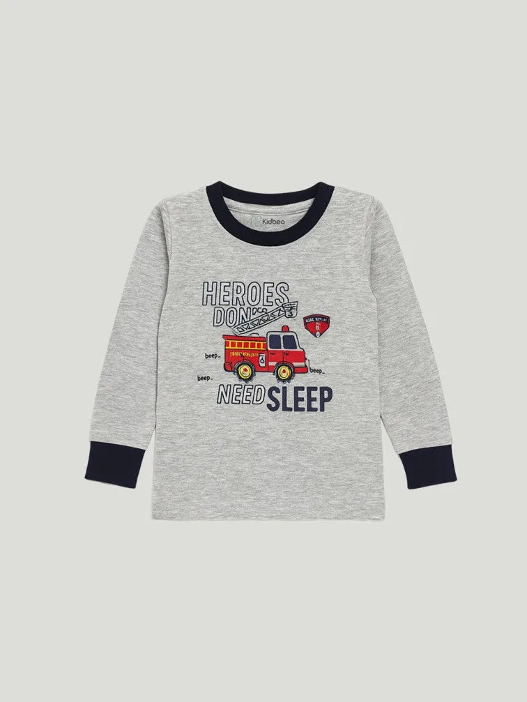 Unisex Kids Cotton Nightsuit Set | Firetruck Print  | Full Sleeves Pajamas | Grey