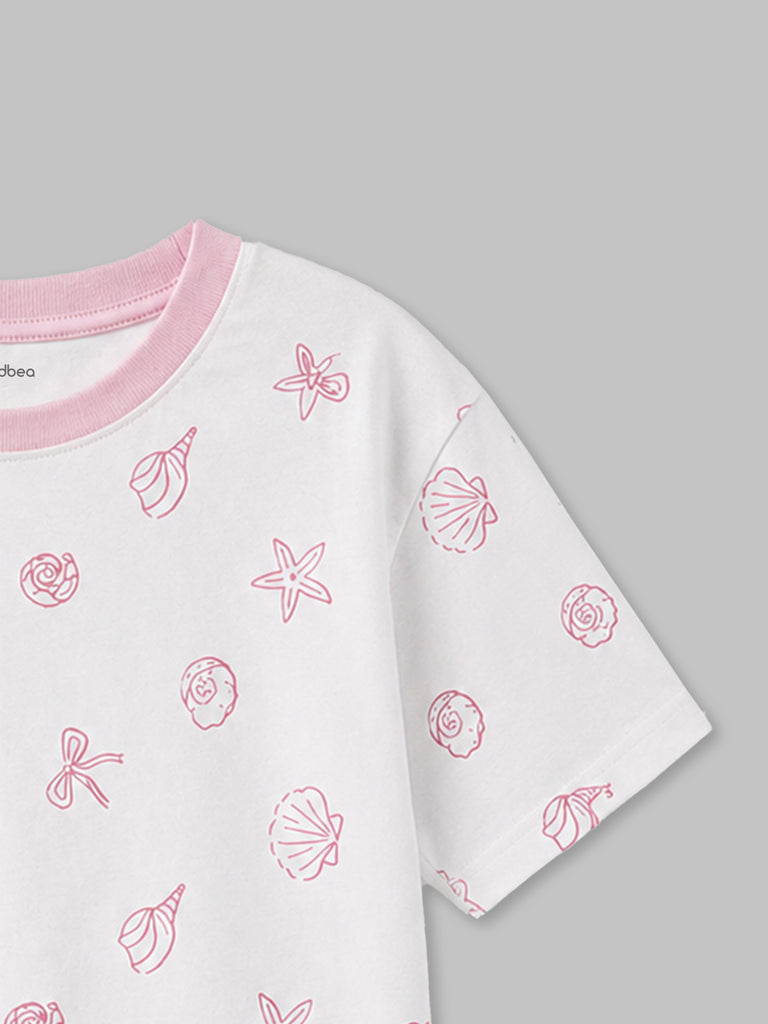 Girls White Organic Cotton Round Neck Sea Shell Print T-Shirt