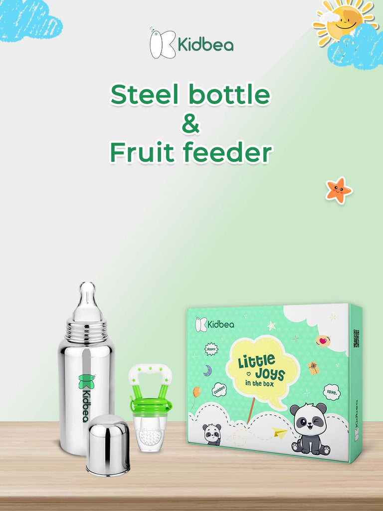 Kidbea® Premium Baby Gift Set – Pack of 5 Must-Haves | Bear Romper, Linen Frock, Cotton Jhabla, Steel Feeding Bottle & Fruit Feeder | Organic Newborn Gift Box