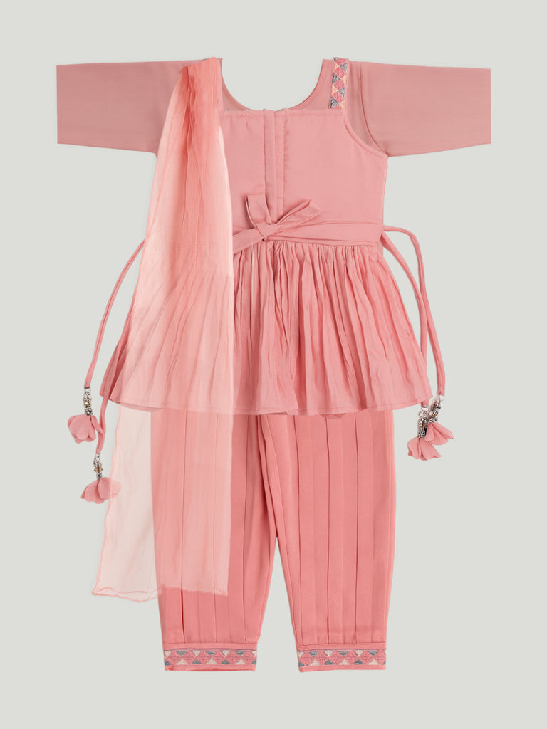 Kidbea Girls Ethnic Wear Set | Embroidered Kurta with Pant & Dupatta | Pink