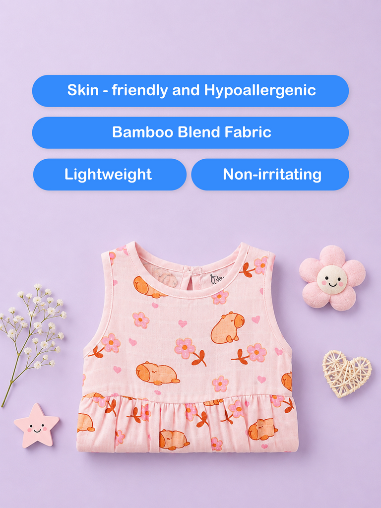 BambooTEC™ Bamboo Muslin Baby Frock – Puppy & Floral Print, Soft & Breathable Dress