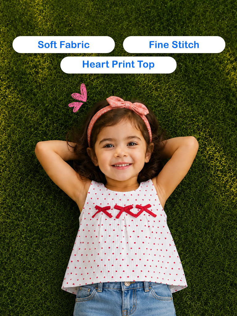 Girls Cotton White Heart Print Top