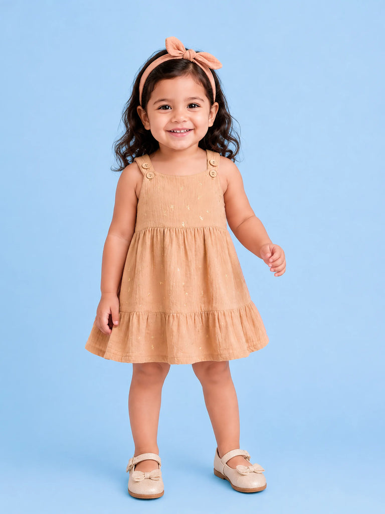 Girls Organic Cotton Beige Floral Print Dress & Bloomers Set with Headband