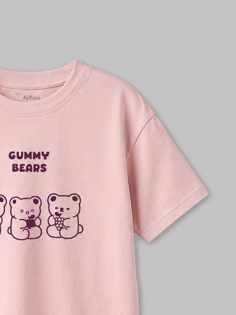 Girls Light Organic Cotton Pink Gummy Bears Round Neck T-Shirt