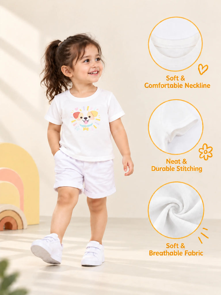 Girls White Top – Cute Puppy Print with Round Neck