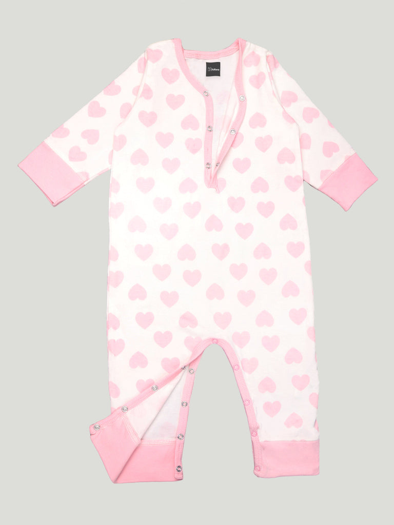 Kidbea 100% cotton  fabric full sleeves &  half buttons romper | Heart | Pink