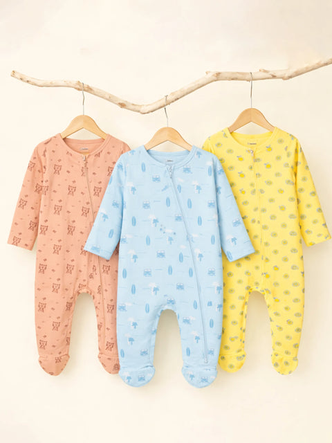 Organic Cotton Baby Romper Pack of 3 – Tiger, Beach & Lemon Prints Zip Sleepsuit