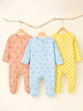 Organic Cotton Baby Romper Pack of 3 – Tiger, Beach & Lemon Prints Zip Sleepsuit