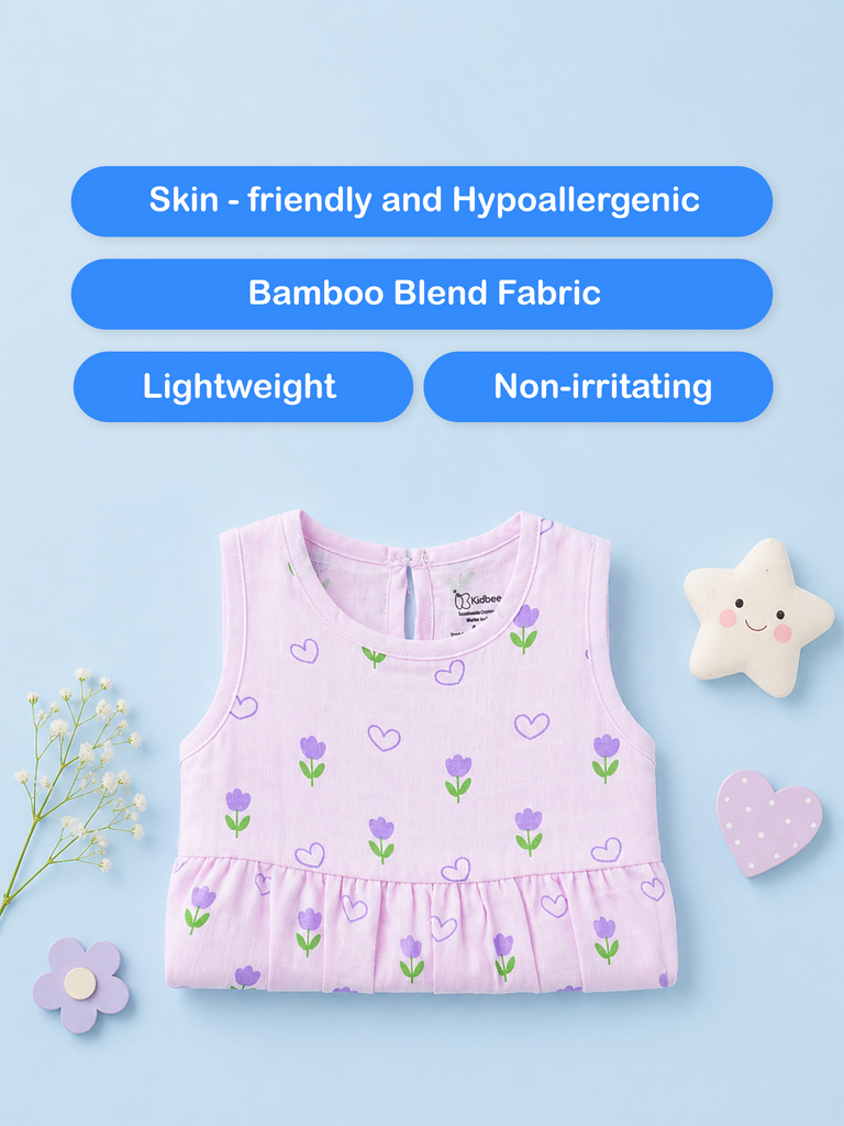 BambooTEC™ Bamboo Muslin Baby Frock – Tulip & Heart Print, Soft & Breathable Dress