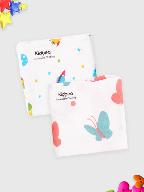 Muslin Ultra Soft doubled layer Napkin Multicolor - Pack of 2 | Butterfly & Space