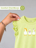 Girls Light Green Top – Cute Duck Print with Ruffle Sleeves