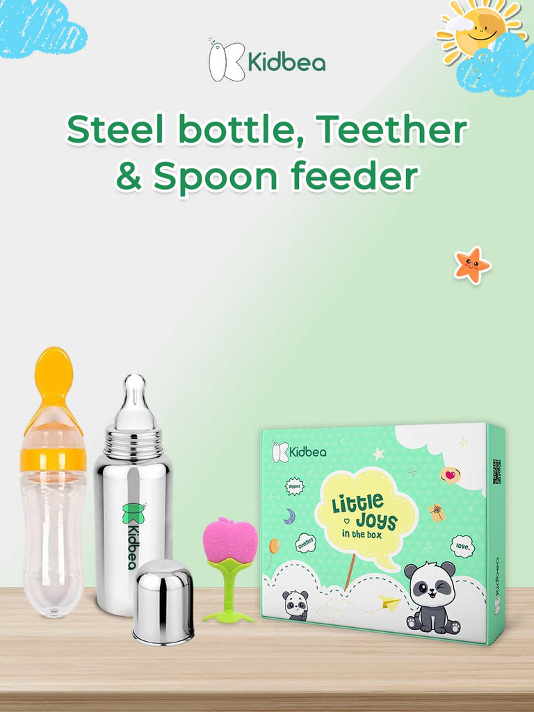 Kidbea® Premium Baby Gift Set – Pack of 6 Items | 2 Organic Cotton Rompers, Steel Bottle, Linen Frock, Teether & Spoon Feeder