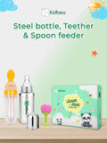 Kidbea® Premium Baby Gift Set – Pack of 6 Items | 2 Organic Cotton Rompers, Steel Bottle, Linen Frock, Teether & Spoon Feeder