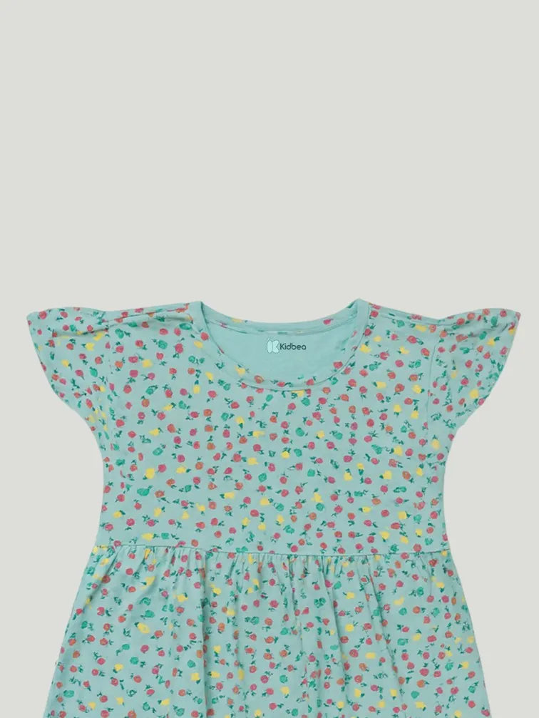 Kidbea Girls Cotton Frock | Soft & Breathable Fabric | Flutter Sleeve Casual Wear for Kids | Teal