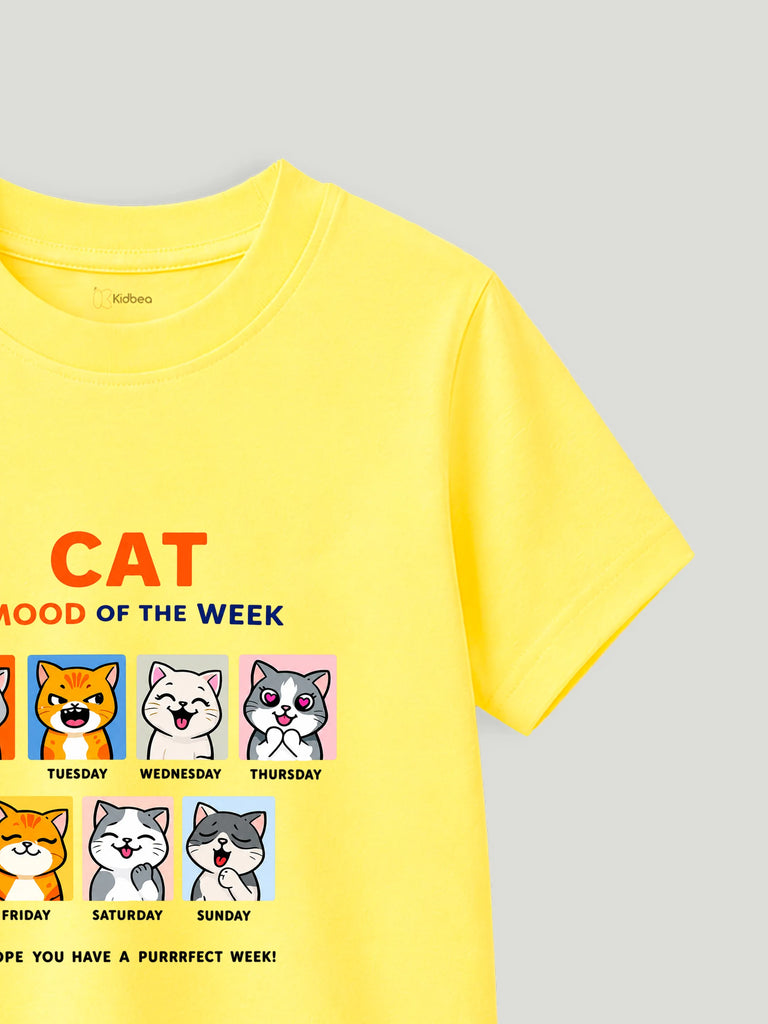 Bamboo Fabric Unisex Kids T-Shirt – Cat Mood Print Soft Breathable Tee