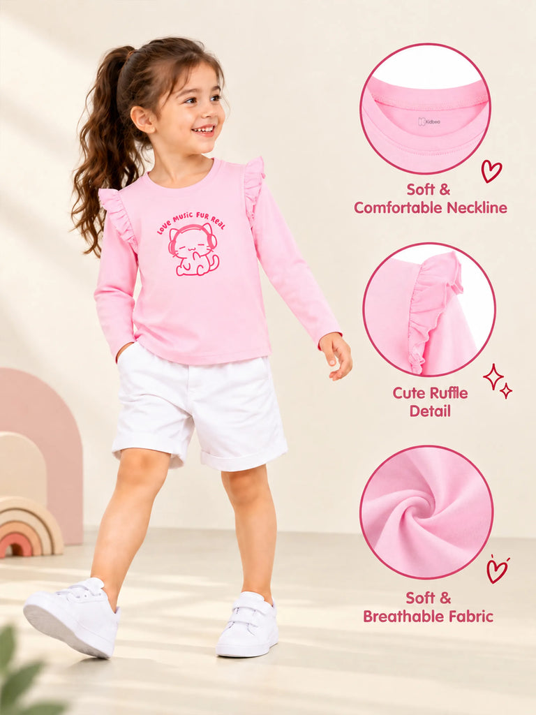 Girls Pink Full-Sleeve Top – Love Music Fur Real Print
