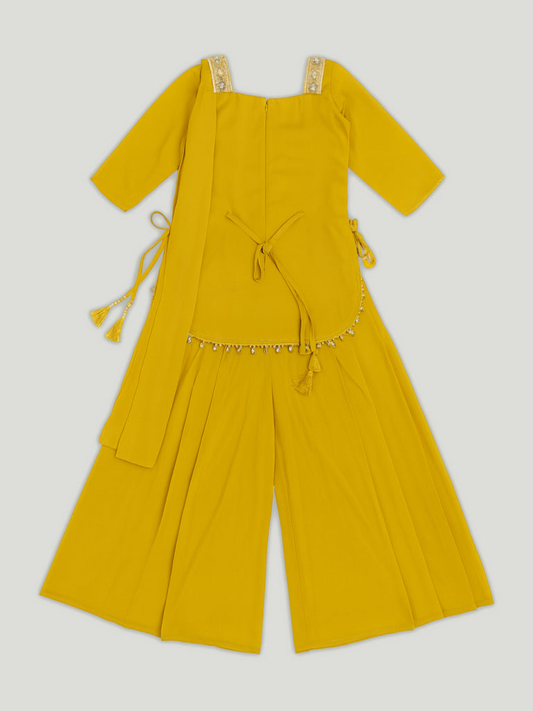 Kidbea Girls Ethnic Wear Set | Embroidered Kurta with Sharara & Dupatta | Yellow