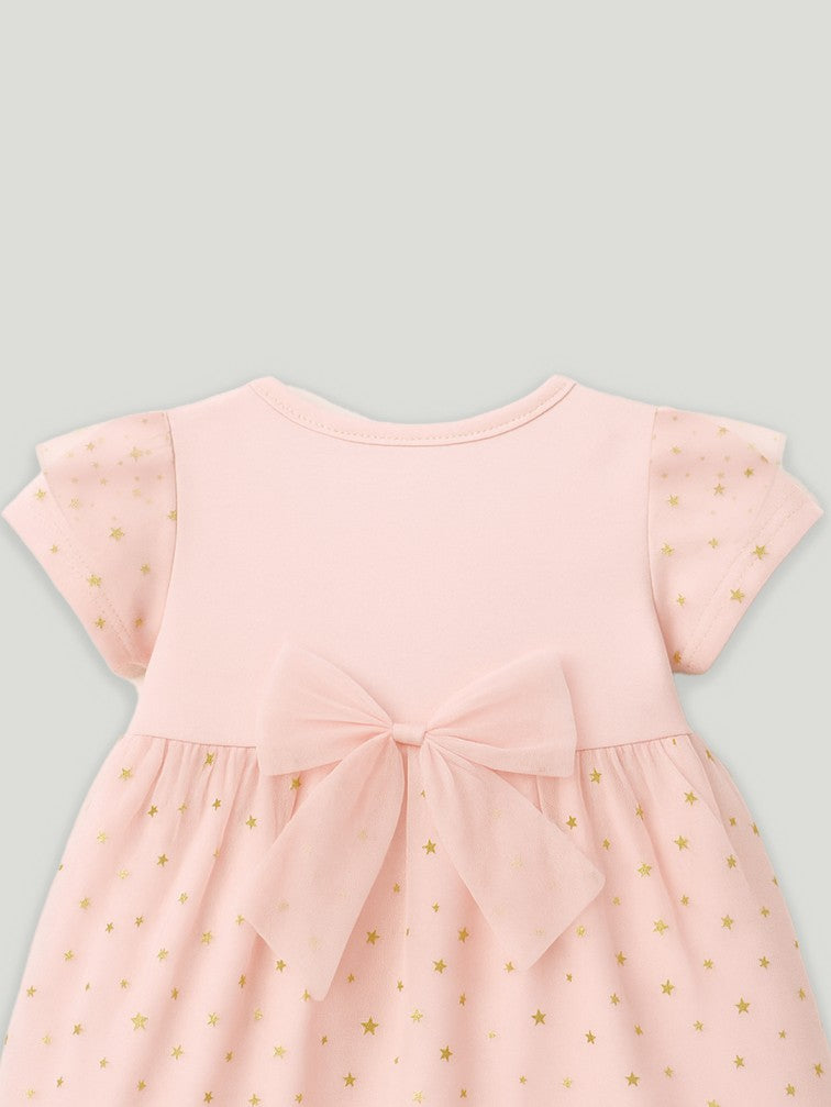 Kidbea Baby Girl Party Dress with Duck Bag | Stylish Frock with Golden Star Print, Puff Sleeves | Birthday Dress for Toddlers & Infants Pink