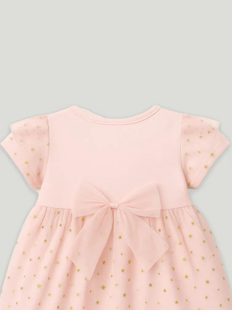 Kidbea Baby Girl Party Dress with Duck Bag | Stylish Frock with Golden Star Print, Puff Sleeves | Birthday Dress for Toddlers & Infants Pink