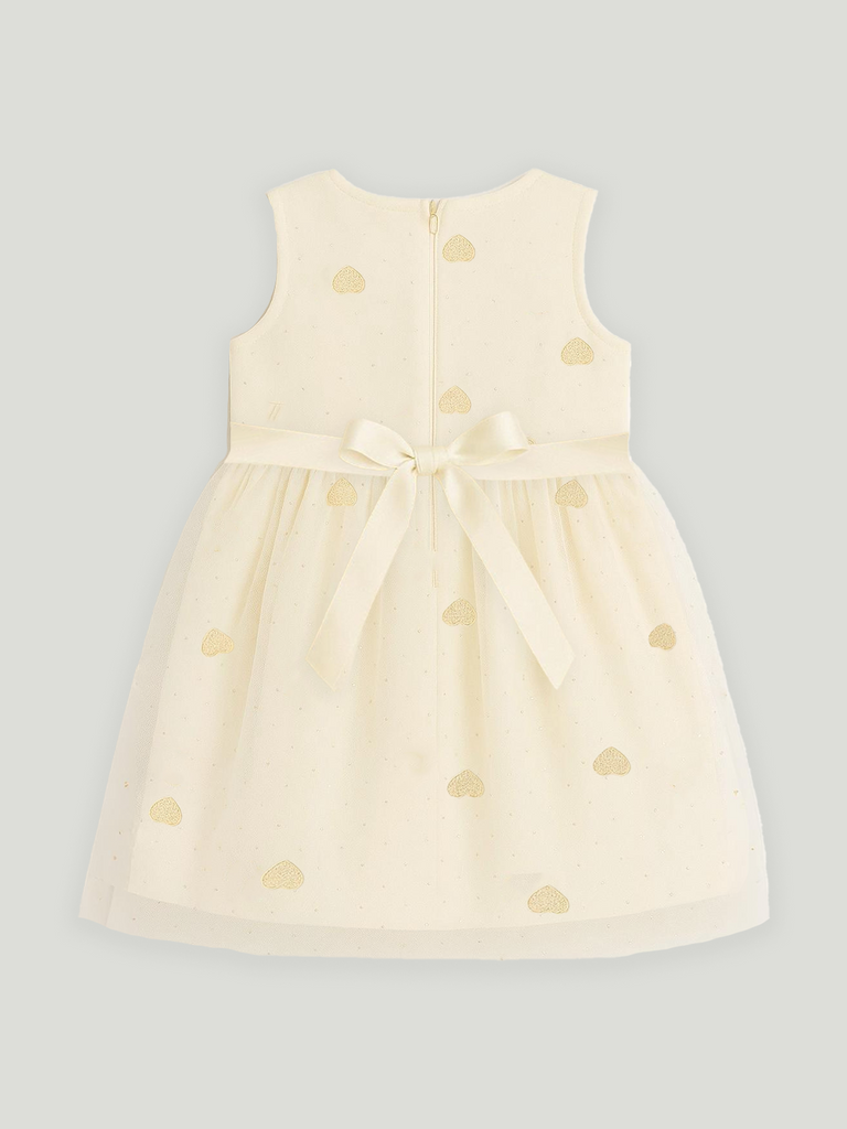 Kidbea Baby Girl Party/Birthday Dress | Sleeveless Stylish Frock with White Heart Embroidery & Tulle Layer | Ideal for Toddlers & Infants Cream