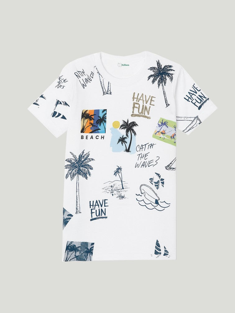 Kidbea Boys Beach Theme Co-Ord Set | Summer Cotton T-Shirt and Shorts for Boys | White