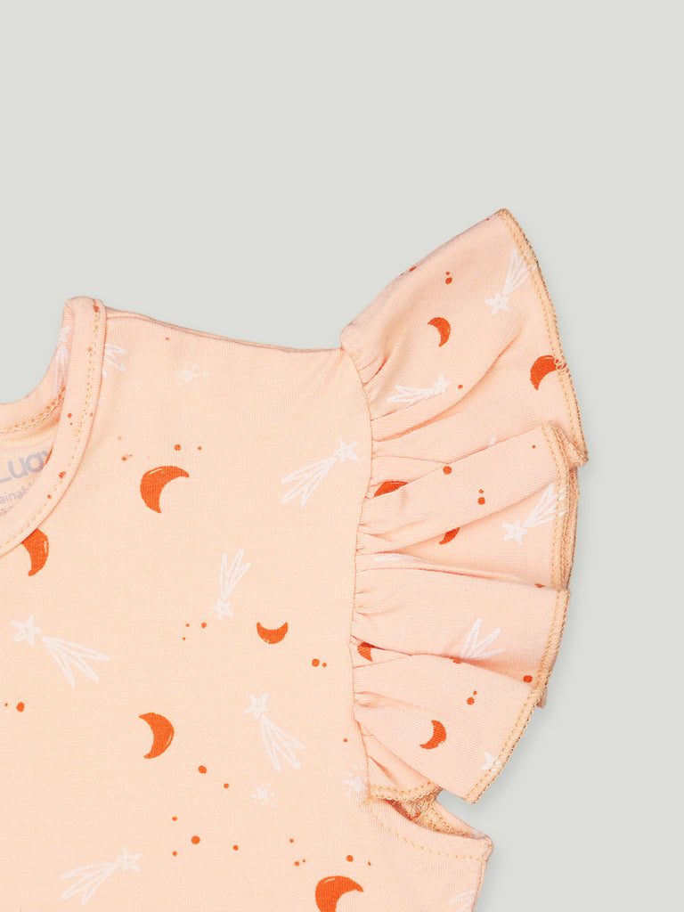 100% Bamboo Ultra-Soft Premium Fabric Baby Girl Frock with ruffled sleeves - Orange