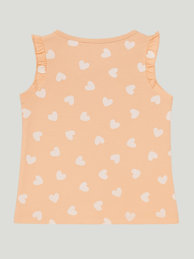 Kidbea Girls Heart Print Clothing Set | Soft Sleeveless Top with Ruffle Sleeves and Elastic Waist Shorts | Peach