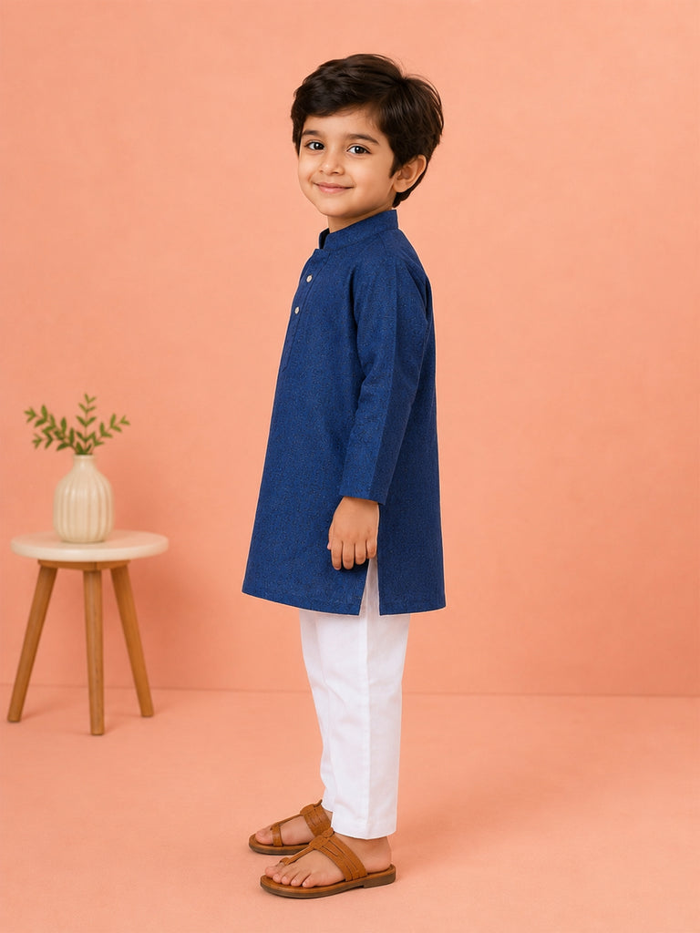 Boys Navy Blue Kurta & White Pajama Set – Traditional Festive Ethnic Wear