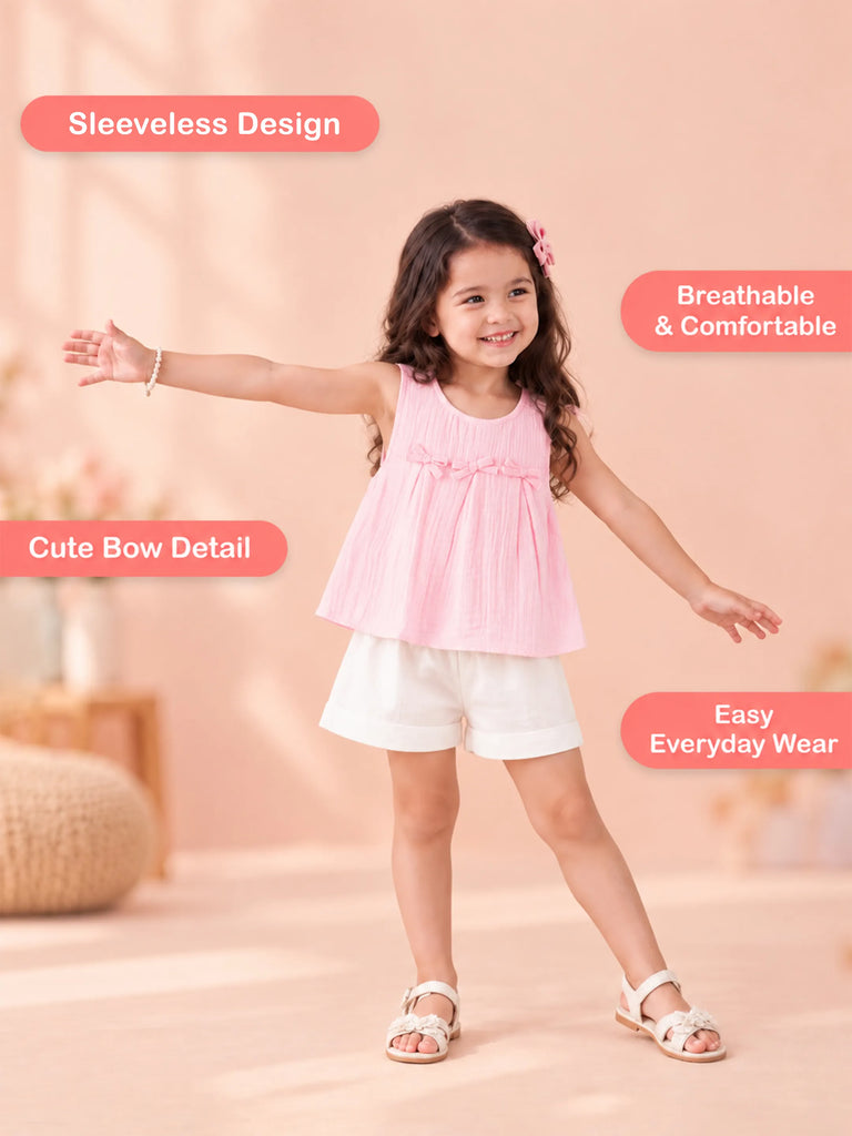 Girls Cotton Dress – Light Pink Sleeveless A-Line Dress with Bow Details