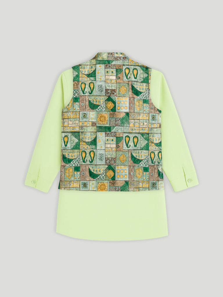 Kidbea Boys Kurta Pajama with Asymmetric Embroidered Jacket | Ethnic Wear Set for Weddings & Festivals | Green