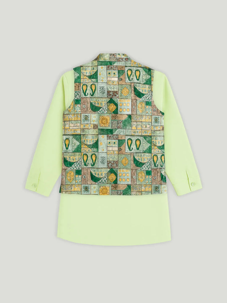 Kidbea Boys Kurta Pajama with Asymmetric Embroidered Jacket | Ethnic Wear Set for Weddings & Festivals | Green