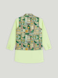 Kidbea Boys Kurta Pajama with Asymmetric Embroidered Jacket | Ethnic Wear Set for Weddings & Festivals | Green