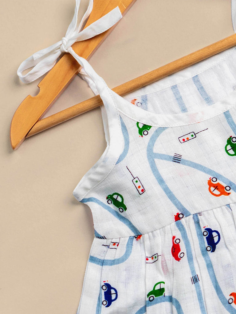 Premium Extra Soft Muslin Baby Girls Frock | Colorful Car Print