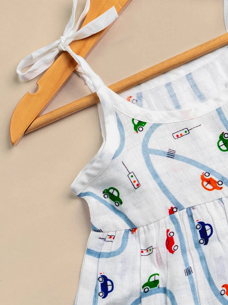 Premium Extra Soft Muslin Baby Girls Frock | Colorful Car Print