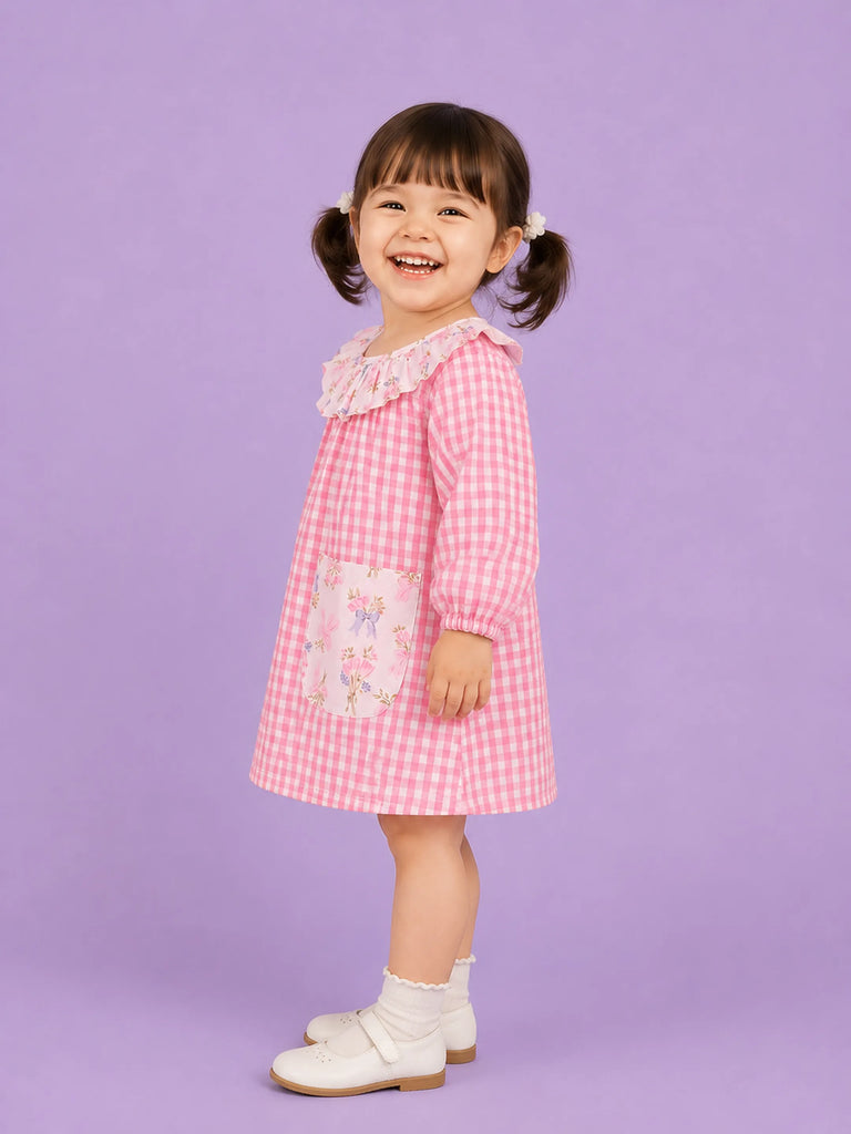 Light Organic Cotton Pink Checkered Floral Collar Frock Dress