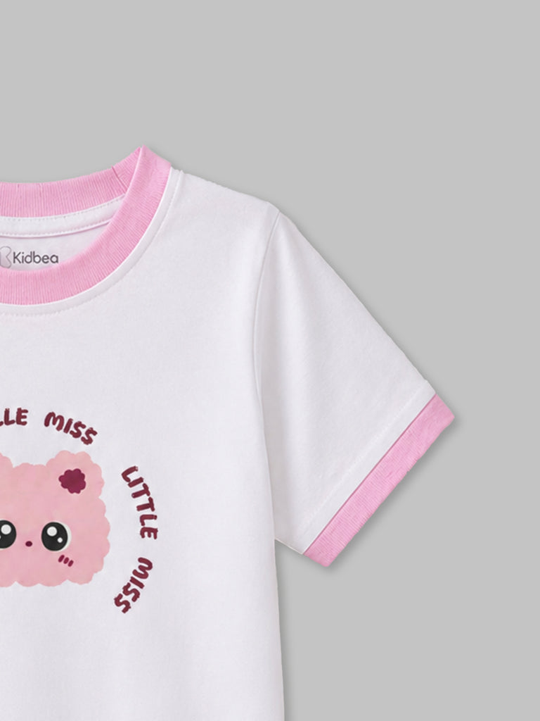 Girls White Organic Cotton Round Neck Little Miss Graphic T-Shirt