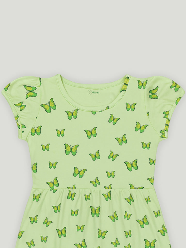 Kidbea Girls Cotton Frock | Butterfly Printed Summer Dress | Short Sleeve Casual Wear Kids | Green