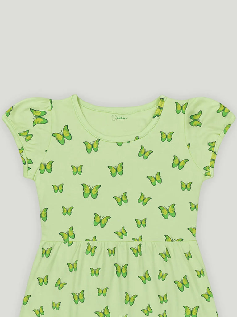 Kidbea Girls Cotton Frock | Butterfly Printed Summer Dress | Short Sleeve Casual Wear Kids | Green